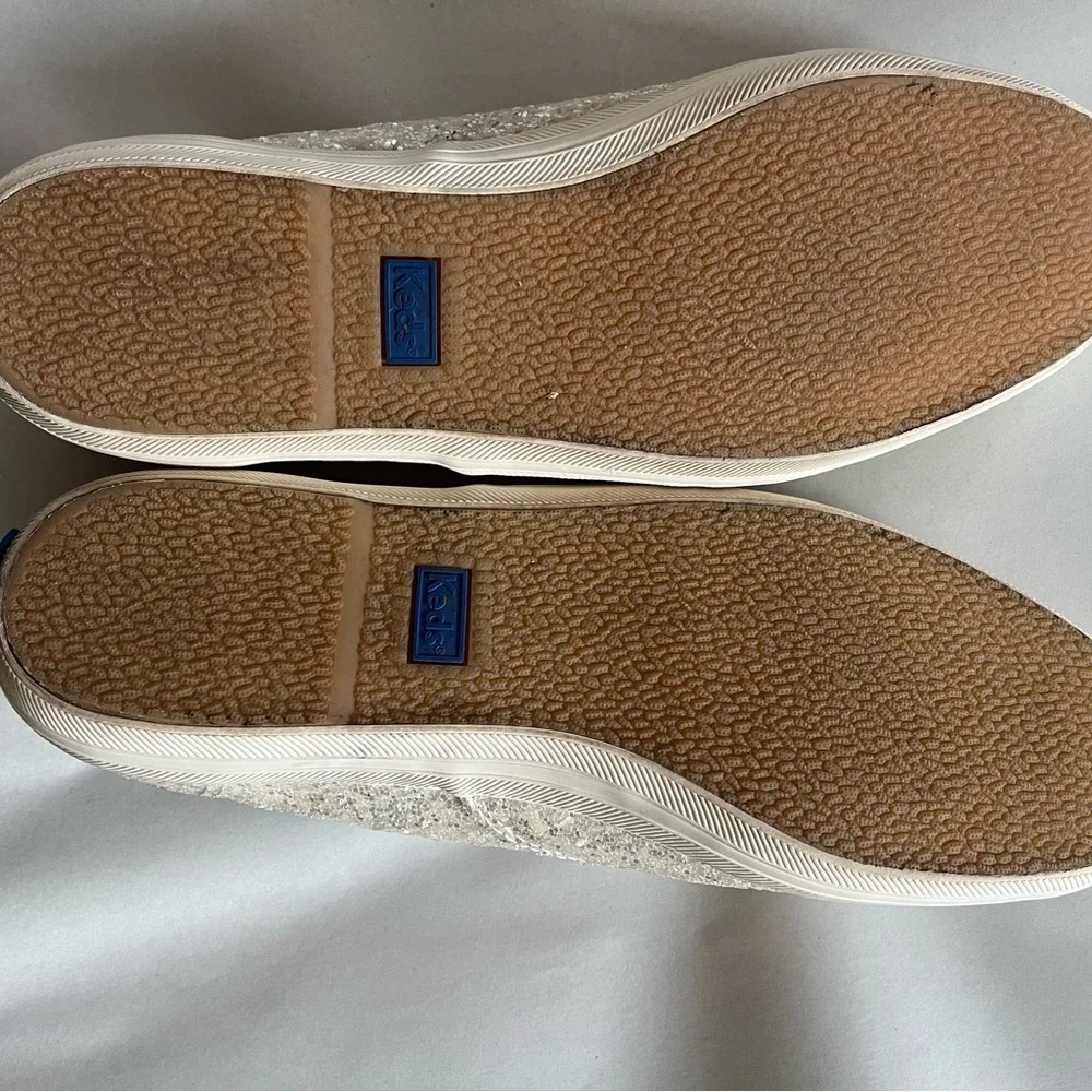 Kate Spade Keds Blinged Out Cream Glitter Canvas Sneakers Fun Ribbon Lac…